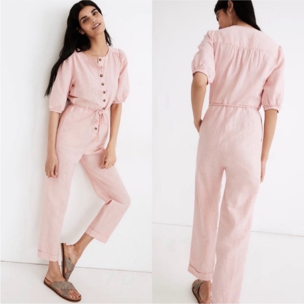 Madewell Linen-Blend Puff Sleeve Button Tassel Jumpsuit
